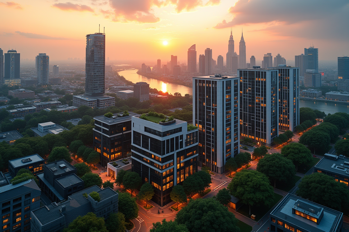 Ciel urbain au coucher de soleil avec bâtiments et reflet dans la rivière