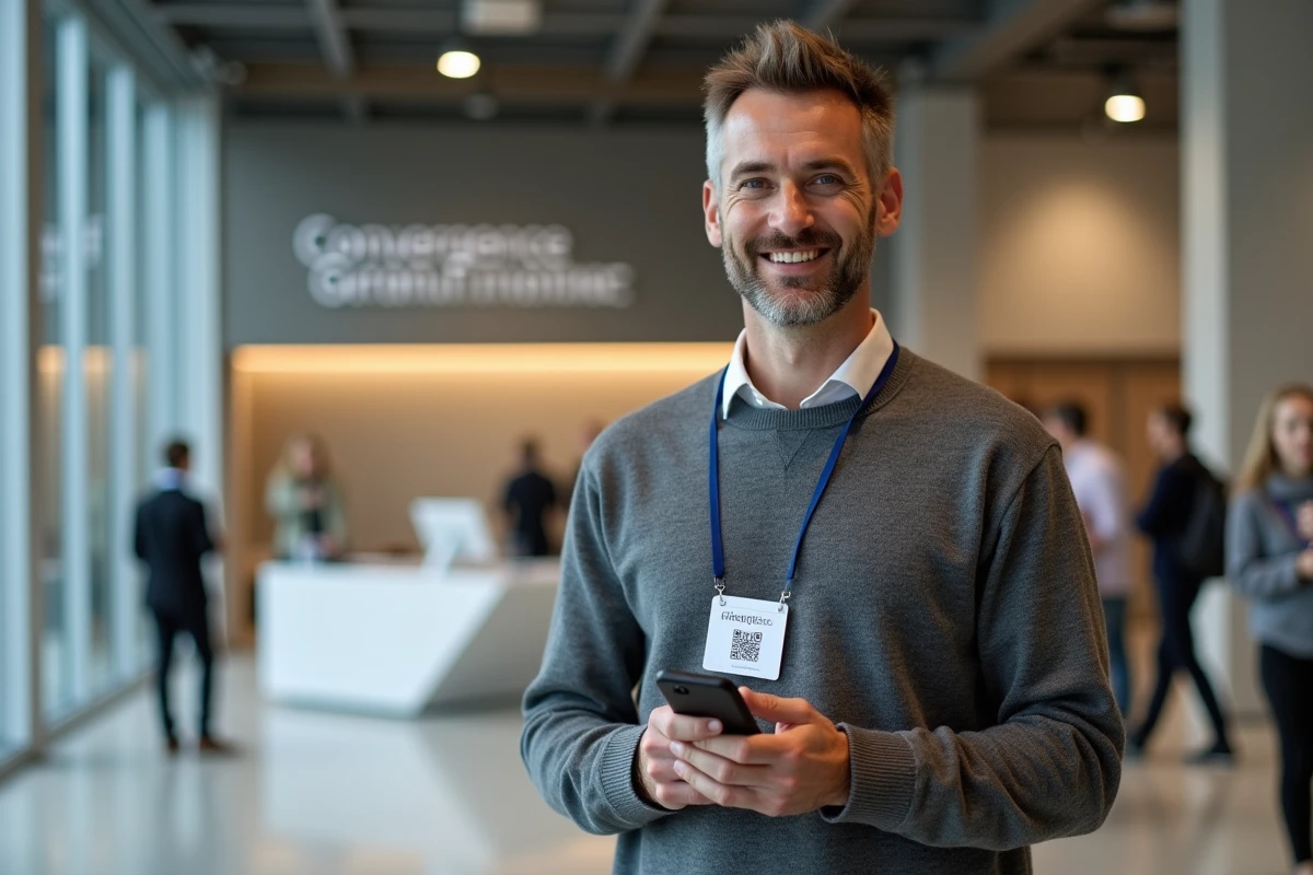 Homme tenant un smartphone avec un code d'accès QR pour l'événement Convergence Grenoble dans un hall de conférence