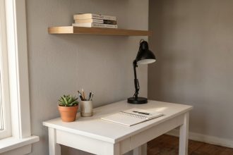 Coin bureau minimaliste et économique avec bureau blanc, accessoires de bureau simples et plante verte dans un appartement