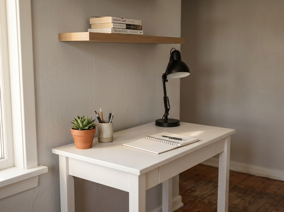 Coin bureau minimaliste et économique avec bureau blanc, accessoires de bureau simples et plante verte dans un appartement