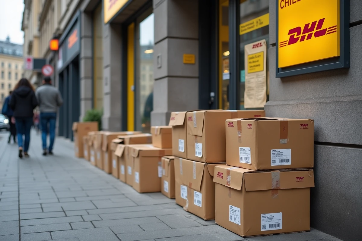 Colis DHL non livrés empilés devant un point relais fermé en période de grève dans une rue urbaine