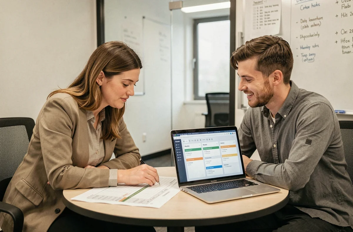 Deux collaborateurs d'une petite entreprise planifiant leur semaine avec un outil de gestion d'agenda collaboratif