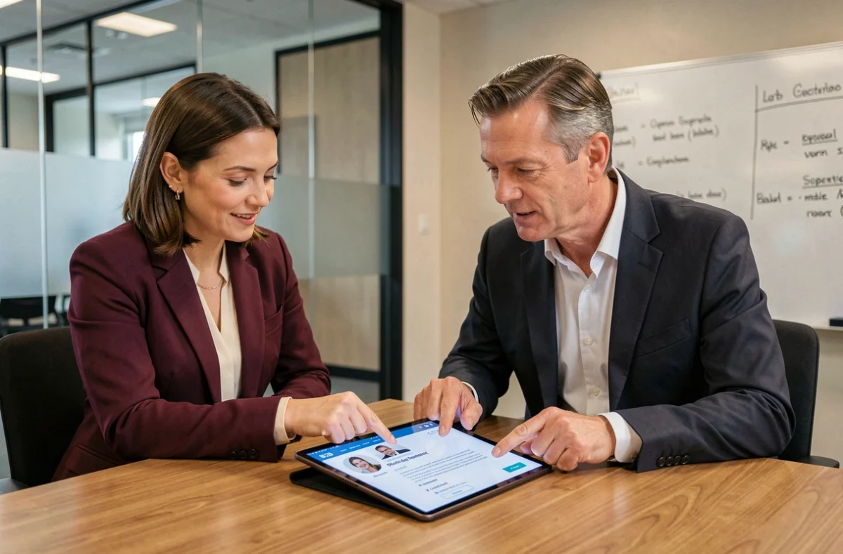 Deux professionnels collaborant pour optimiser un profil de contact B2B sur une tablette en salle de réunion