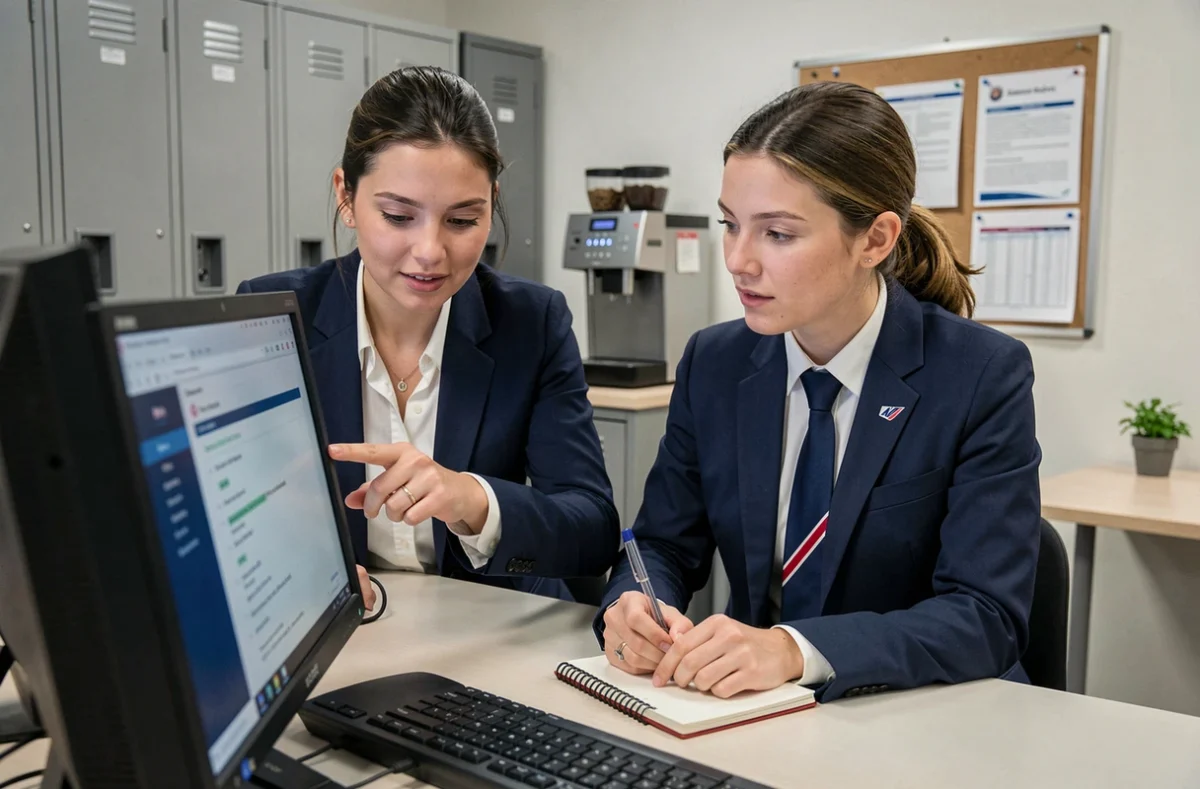 Deux collègues Air France s'entraidant pour naviguer sur l'intranet intralignes dans une salle du personnel