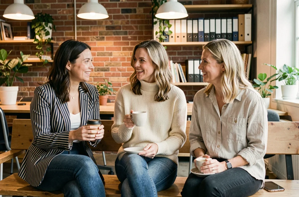 Trois collègues féminines en discussion dans un espace de coworking illustrant la cohésion d'équipe et le leadership bienveillant