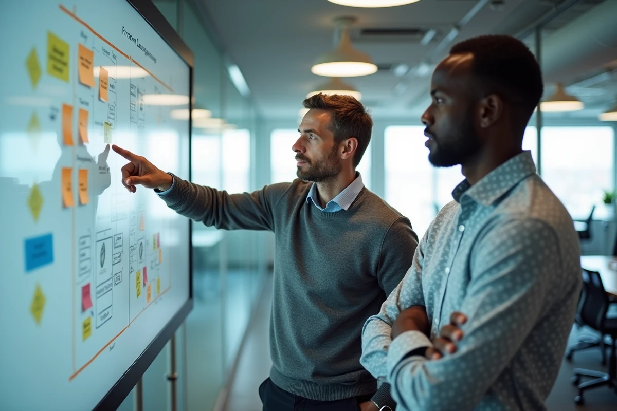 Deux collègues de cultures différentes analysant un tableau de projet dans une salle de réunion internationale