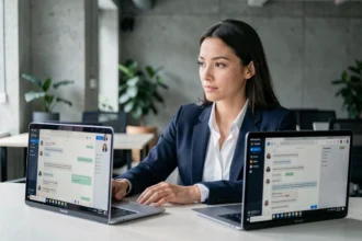 Femme professionnelle comparant deux assistants IA sur des ordinateurs portables dans un bureau moderne