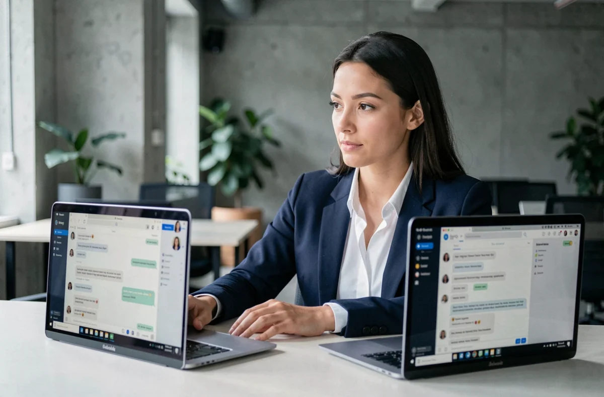 Femme professionnelle comparant deux assistants IA sur des ordinateurs portables dans un bureau moderne