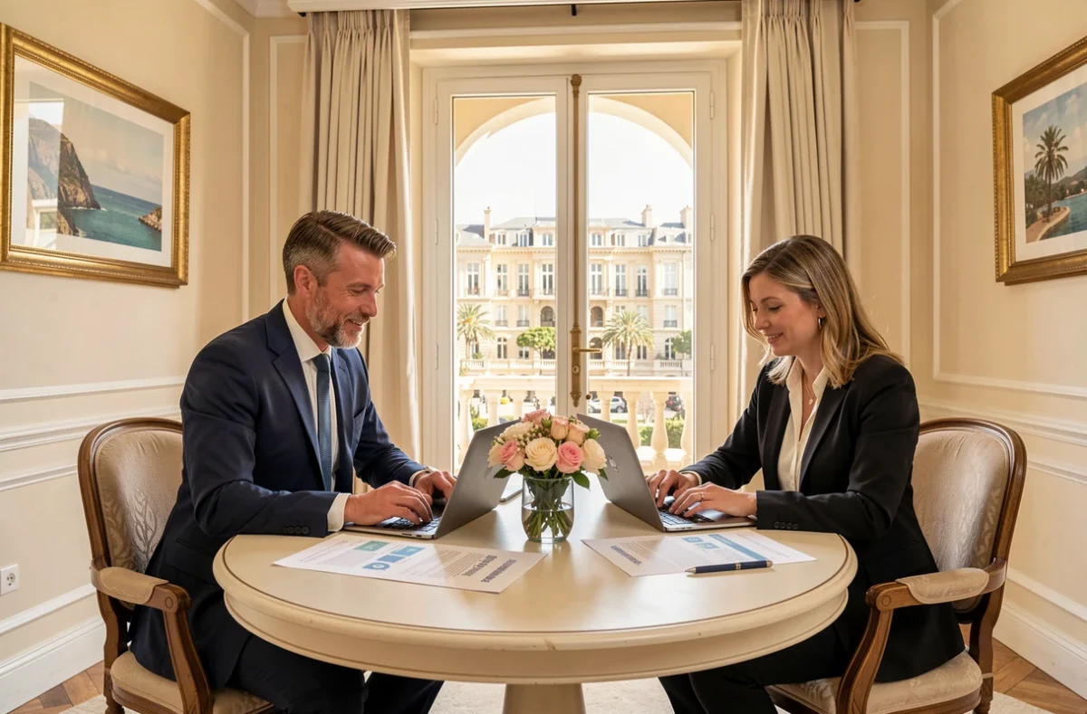 Deux consultants de Complémentarité Cannes collaborant autour d'un dossier de recrutement avec vue sur la Croisette