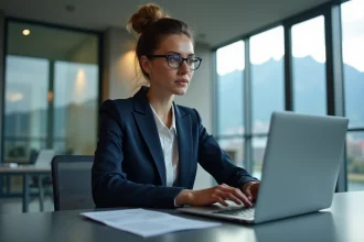 Femme professionnelle se connectant à une plateforme de conférence Convergence Grenoble sur un ordinateur portable en bureau moderne