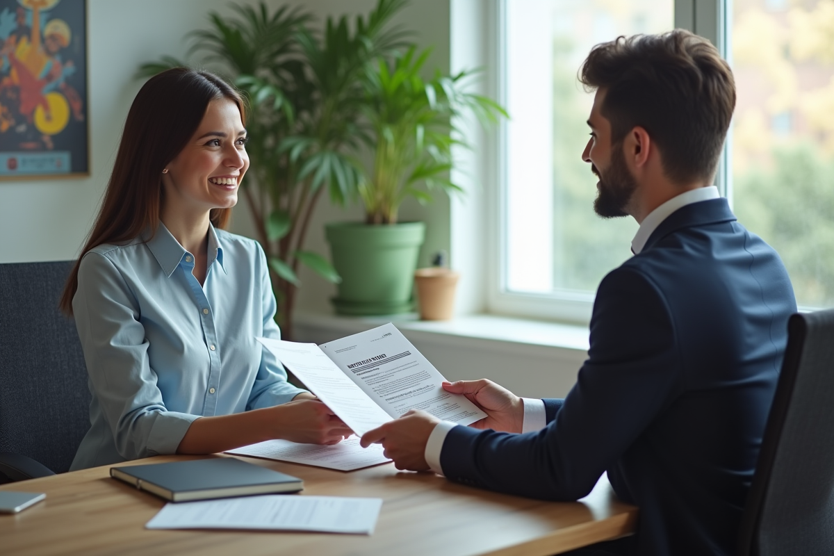 Conseiller en emploi donnant des pamphlets à un jeune chercheur d emploi