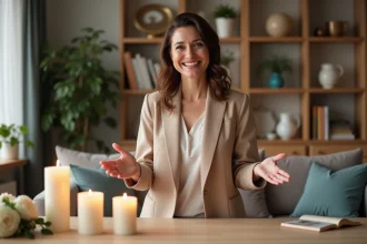 Conseillère Partylite présentant des bougies parfumées lors d'une réunion à domicile pour booster ses ventes