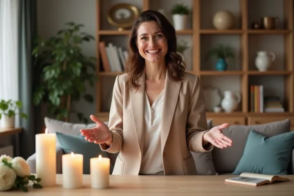 Conseillère Partylite présentant des bougies parfumées lors d'une réunion à domicile pour booster ses ventes