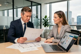 Consultant immobilier et collaboratrice d'une PME analysant des documents stratégiques dans un bureau moderne accompagnés par un partenaire digital