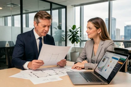 Consultant immobilier et collaboratrice d'une PME analysant des documents stratégiques dans un bureau moderne accompagnés par un partenaire digital