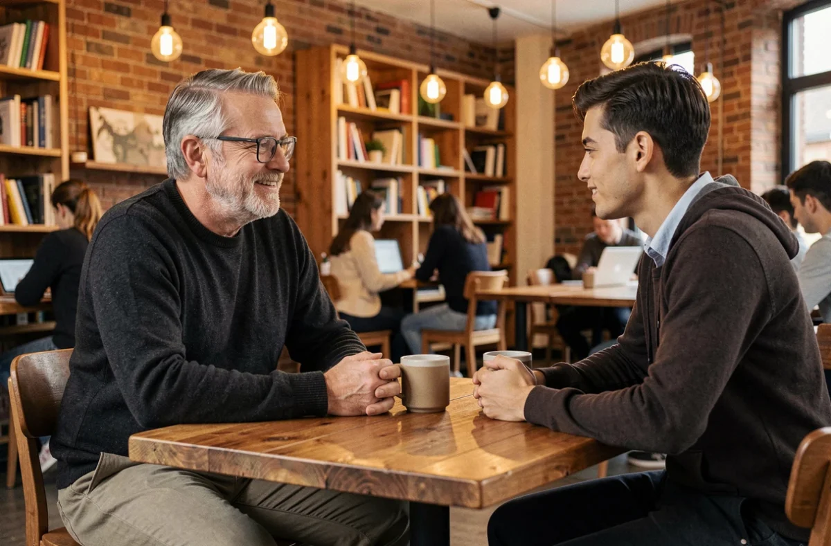 Consultant senior avec barbe grise en séance de coaching individuel informel avec un jeune professionnel dans un espace de coworking