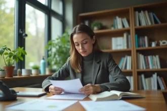 Consultante environnementale au bureau avec papiers et plantes