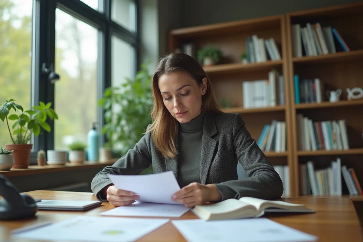 Consultante environnementale au bureau avec papiers et plantes