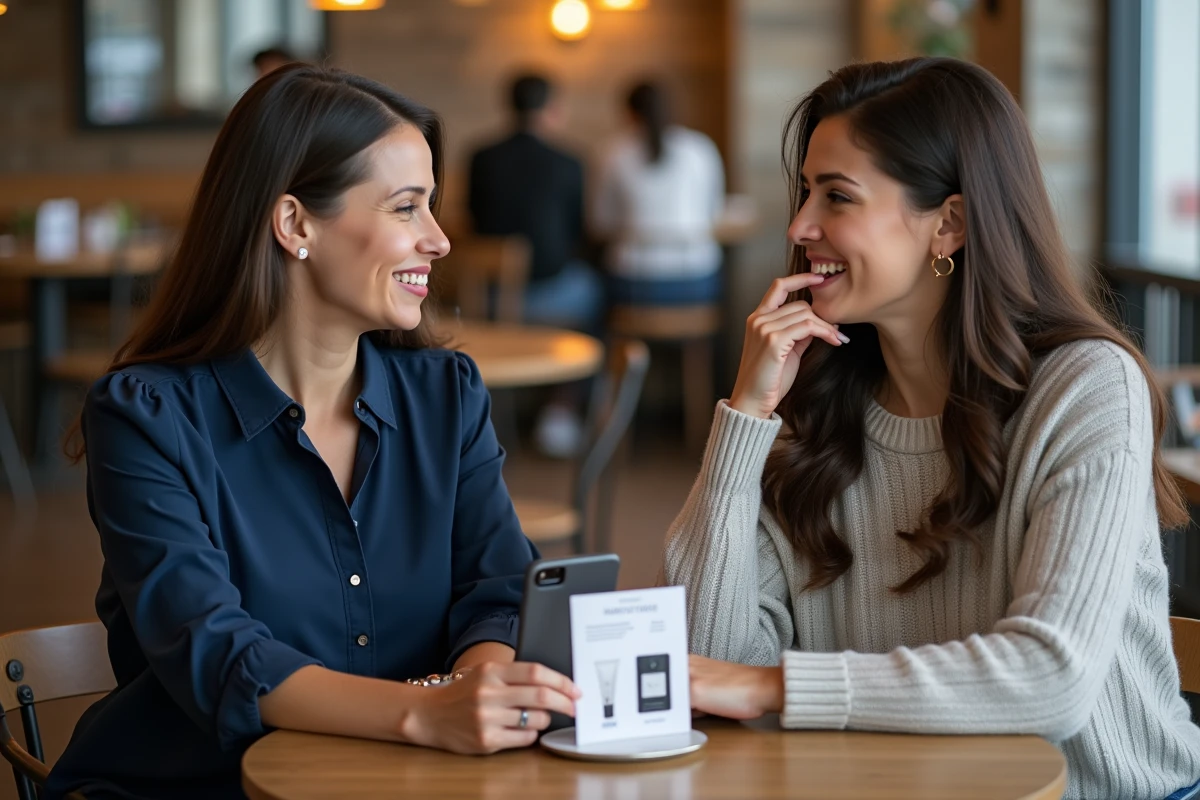Consultante Partylite présentant ses produits à une cliente dans un café dans le cadre de la vente directe
