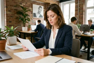 Consultante indépendante en portage salarial à Agen étudiant un contrat dans un espace de coworking moderne