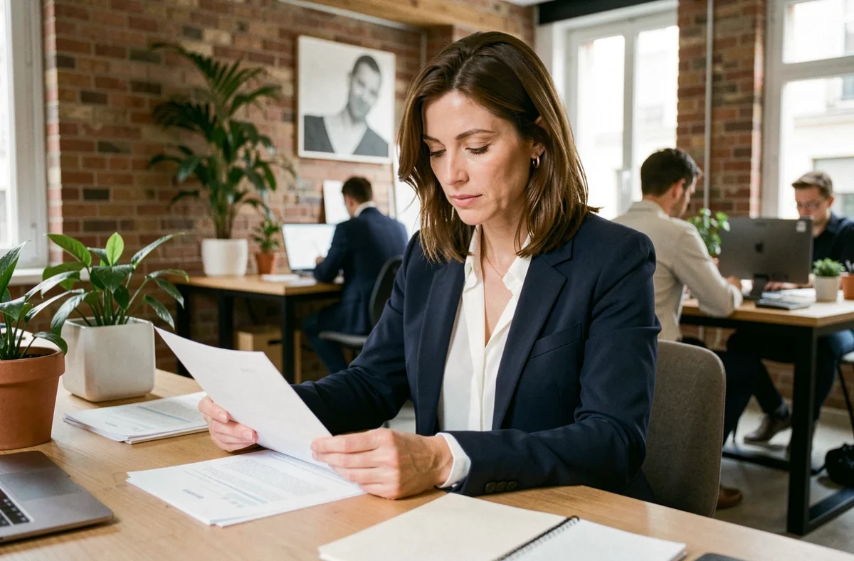 Consultante indépendante en portage salarial à Agen étudiant un contrat dans un espace de coworking moderne