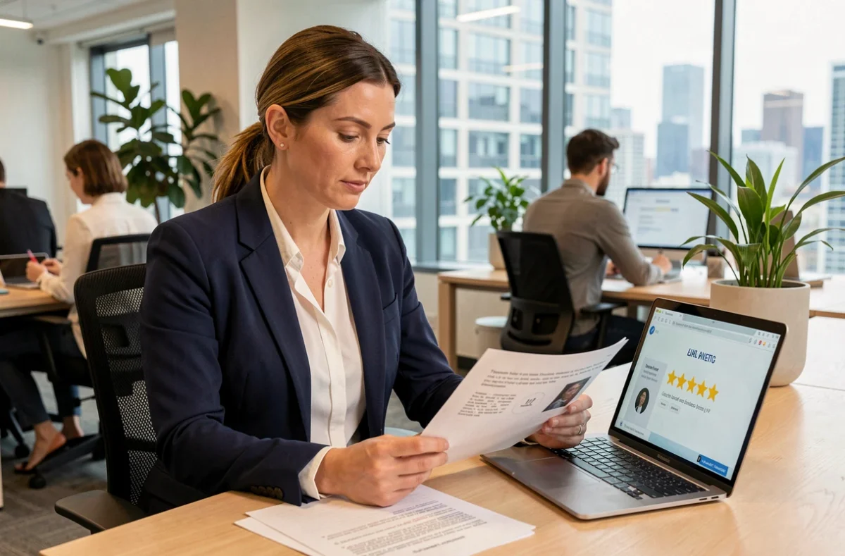 Consultante en portage salarial analysant des avis clients sur son ordinateur portable dans un bureau moderne