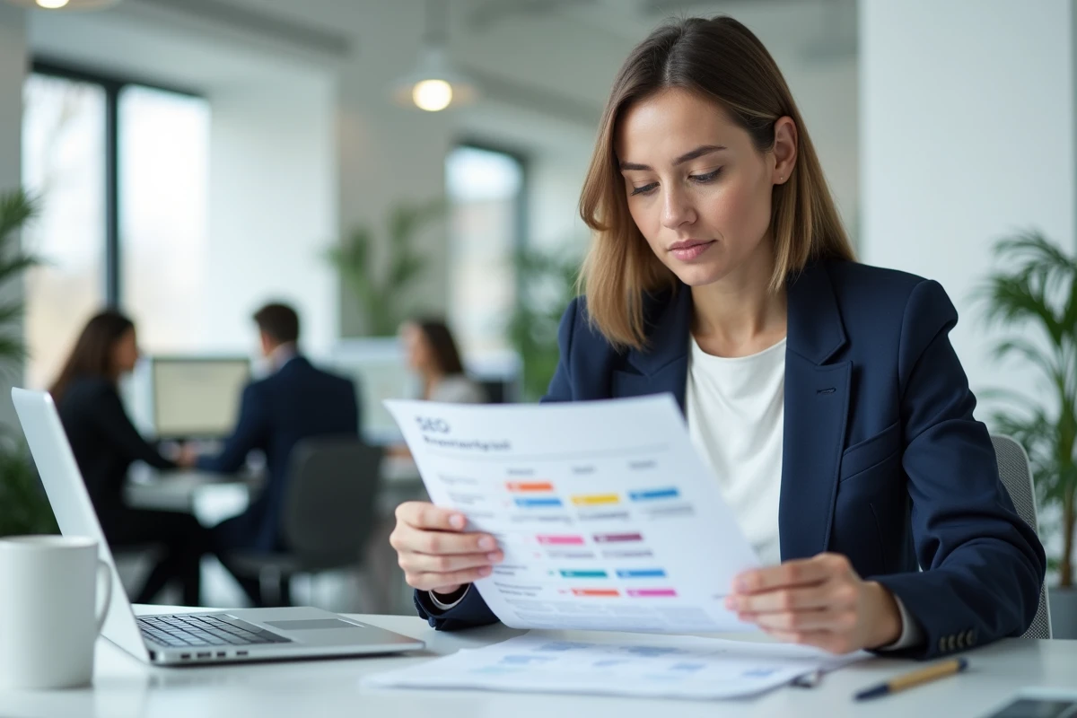 Consultante SEO analysant une feuille de route stratégique pour un site vitrine dans un bureau moderne