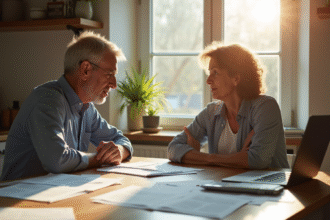Couple inquiet discutant de papiers dans la cuisine lumineuse