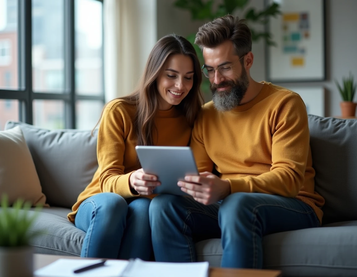 Couple consultant ensemble un relevé de caisse de compensation sur tablette dans leur salon
