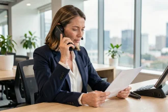 Professionnelle de la CRESS au téléphone avec le service client de Cncres.org dans un bureau moderne