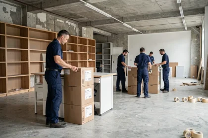 Équipe de débarras professionnel vidant des locaux d'entreprise avec cartons et mobilier de bureau empilés