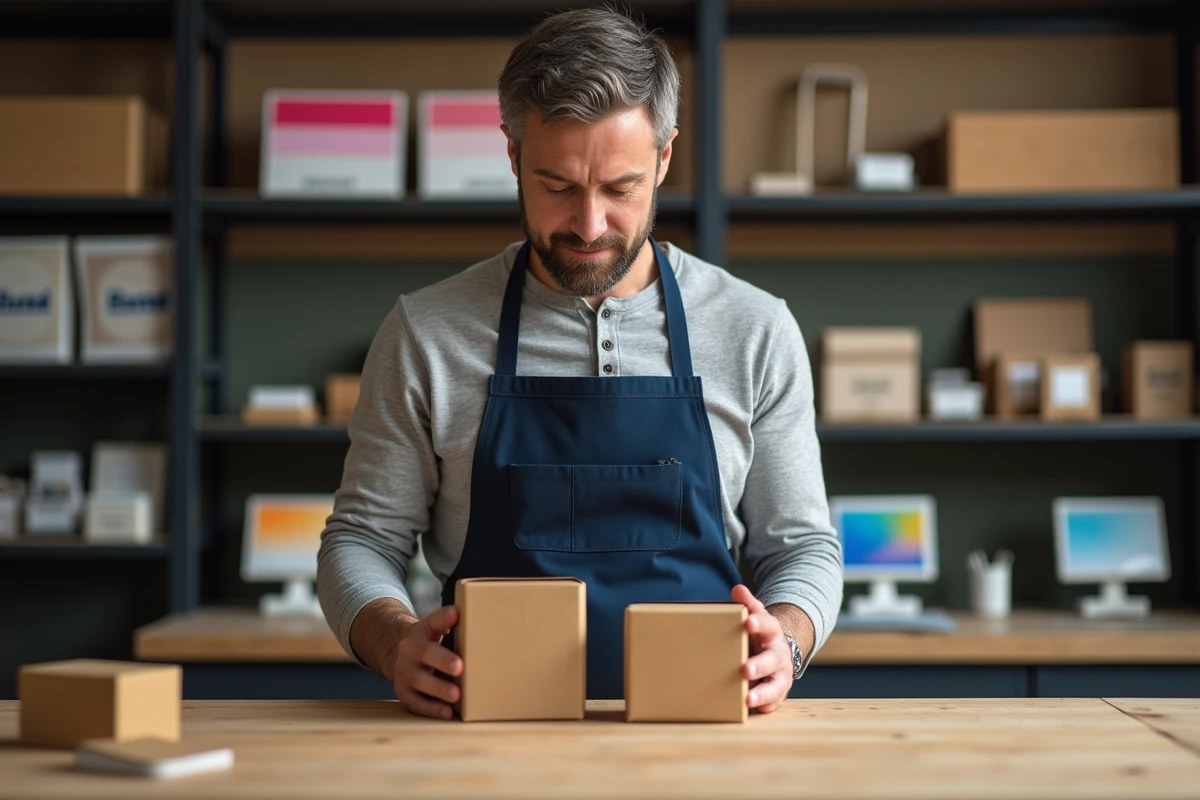 Designer packaging comparant deux boîtes cadeaux avec finitions logo différentes dans un atelier d'impression professionnel