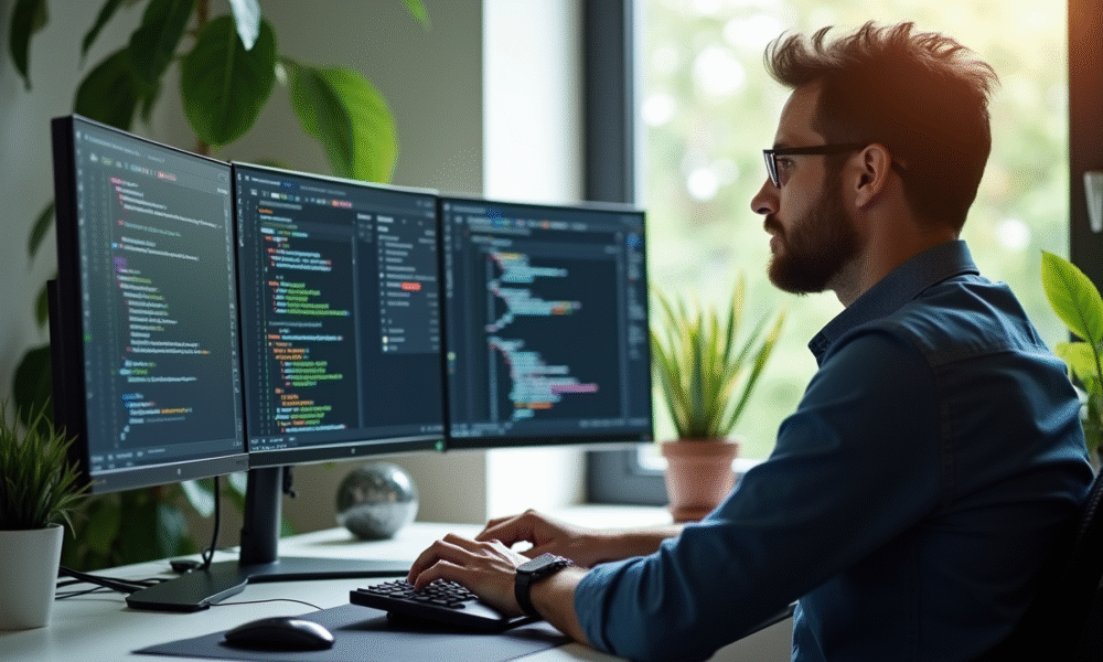 Développeur concentré travaillant sur un bureau moderne avec plusieurs écrans affichant du code C
