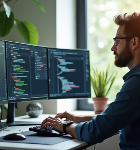 Développeur concentré travaillant sur un bureau moderne avec plusieurs écrans affichant du code C