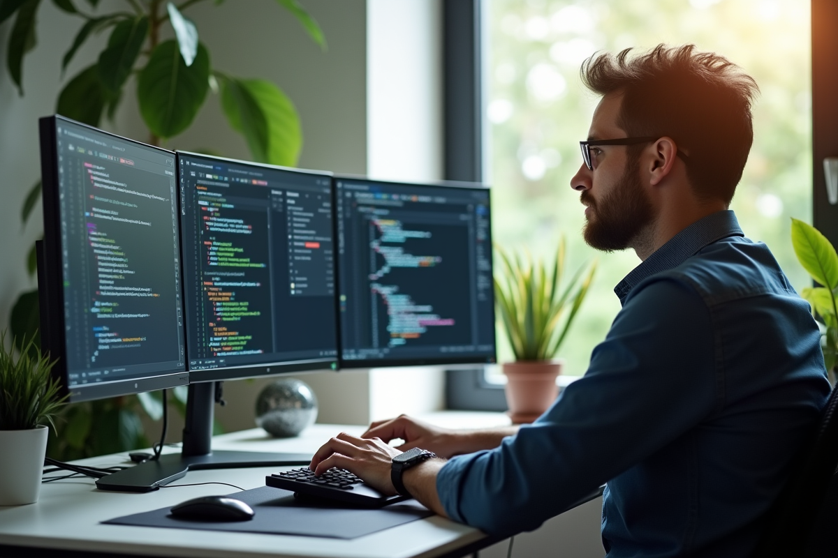 Développeur concentré travaillant sur un bureau moderne avec plusieurs écrans affichant du code C