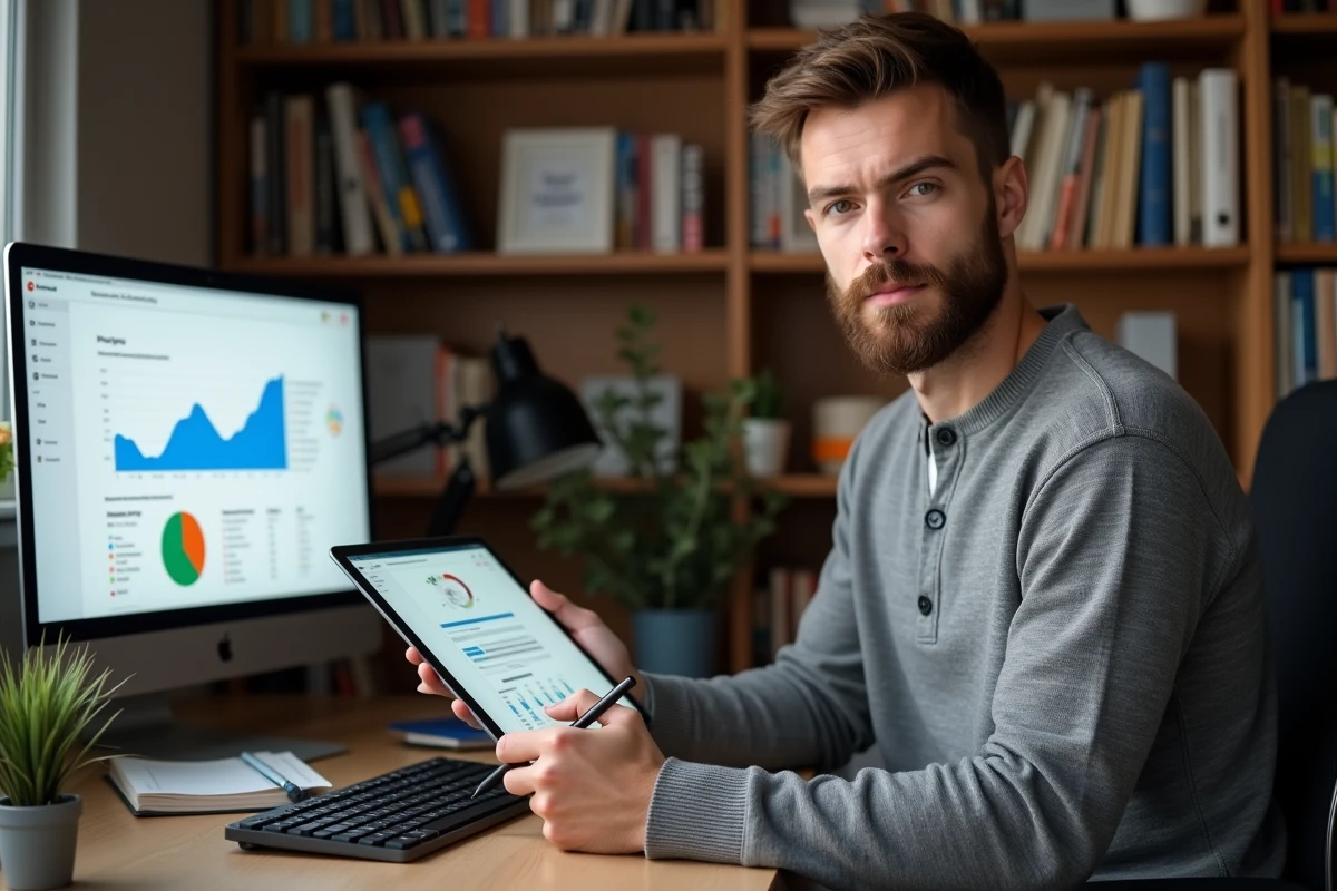 Développeur web consultant des données SEO et une stratégie de netlinking sur un écran et une tablette à domicile