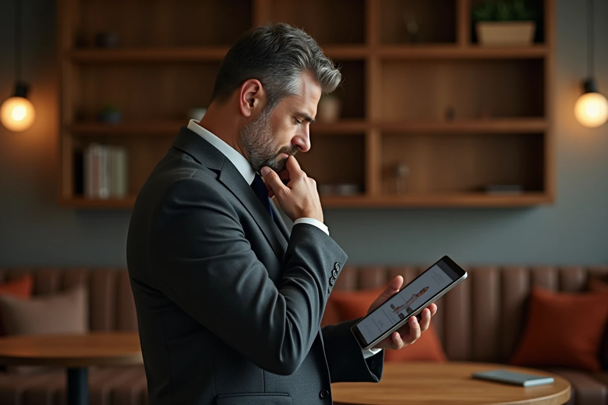 Dirigeant consultant son réseau professionnel B2B sur tablette dans un espace de coworking moderne