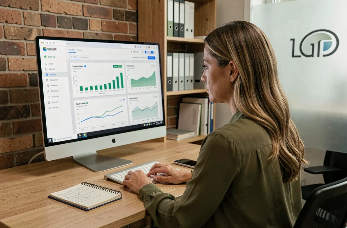 Dirigeante de PME immobilière utilisant un outil de gestion digitale pour piloter son activité avec l'aide d'un accompagnement 360