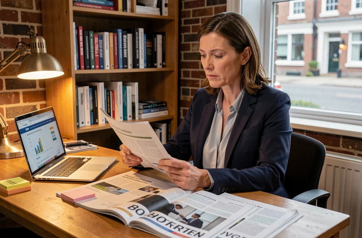 Dirigeante de TPE analysant le magazine B2B La Maison du B2B dans son bureau pour évaluer son intérêt publicitaire