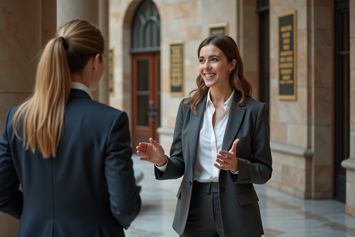 Jeune femme avocat discutant dans un couloir de tribunal