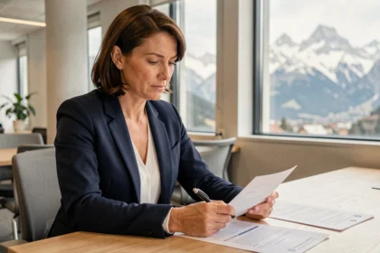 Femme d'affaires consultant des documents de domiciliation d'entreprise dans un espace de coworking en Haute-Savoie avec vue sur les Alpes