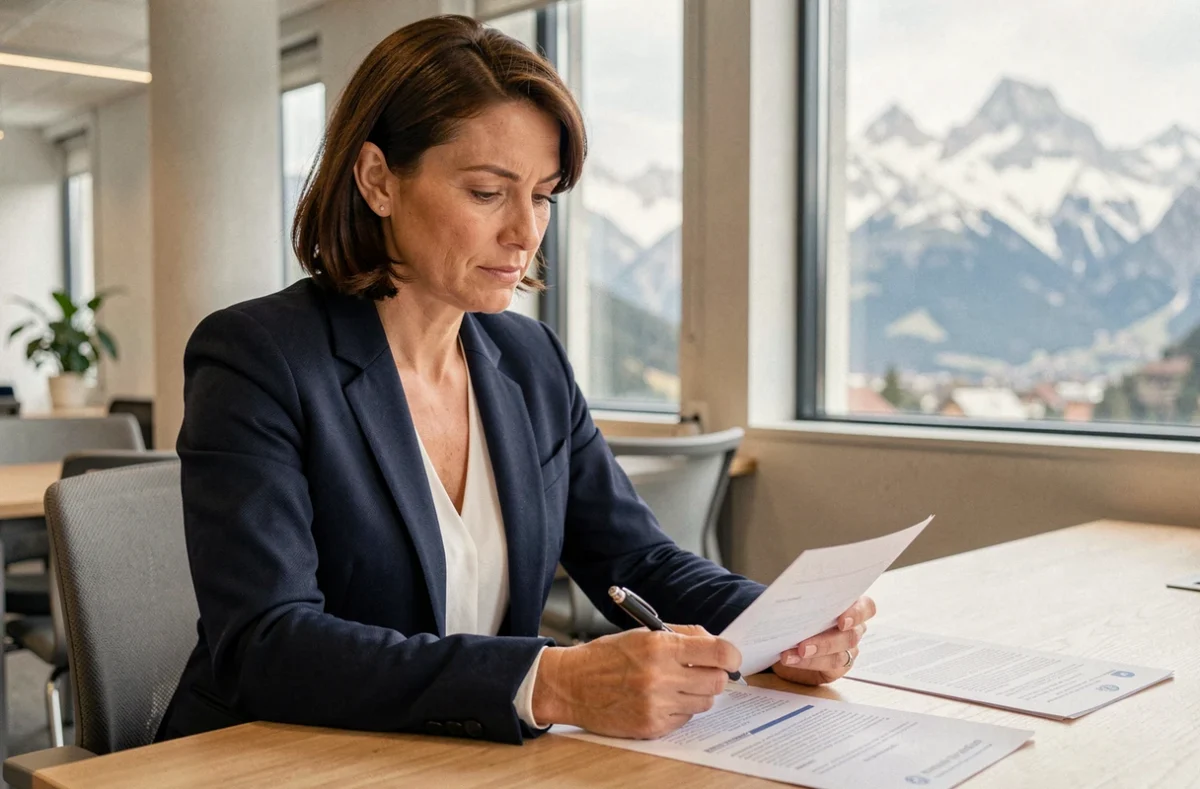 Femme d'affaires consultant des documents de domiciliation d'entreprise dans un espace de coworking en Haute-Savoie avec vue sur les Alpes