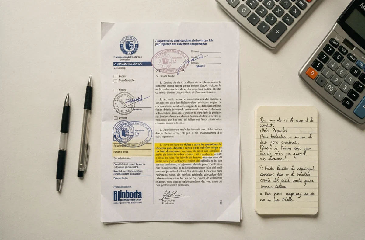 Vue aérienne d'un dossier administratif ACRE avec documents officiels et notes manuscrites sur les aides cumulables