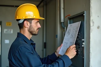 Électricien bâtiment N4P2 lisant un schéma électrique devant un tableau de distribution dans un chantier de construction