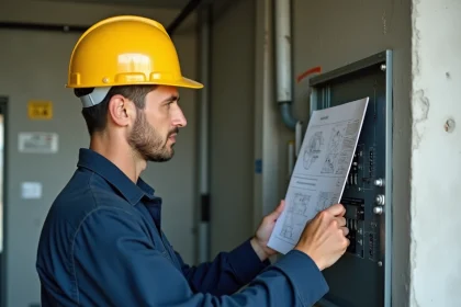 Électricien bâtiment N4P2 lisant un schéma électrique devant un tableau de distribution dans un chantier de construction