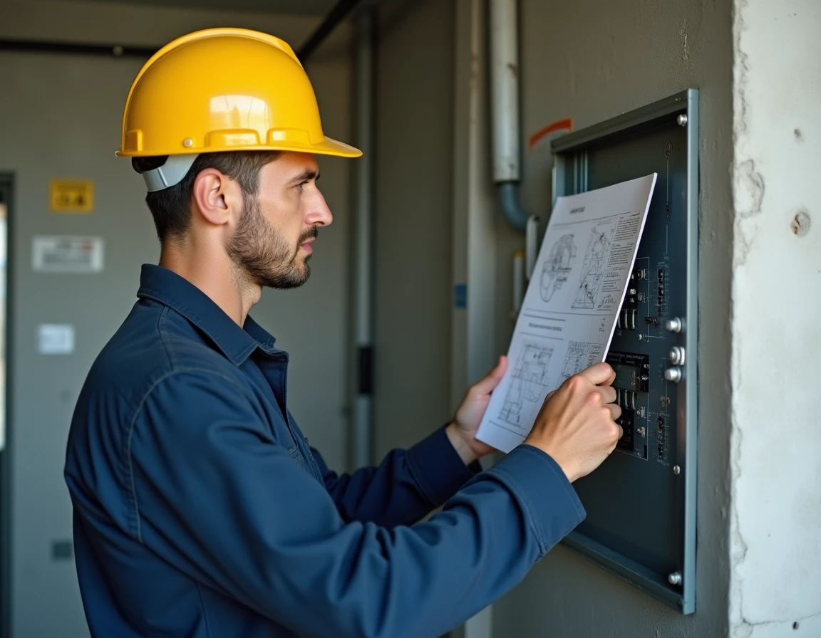 Électricien bâtiment N4P2 lisant un schéma électrique devant un tableau de distribution dans un chantier de construction
