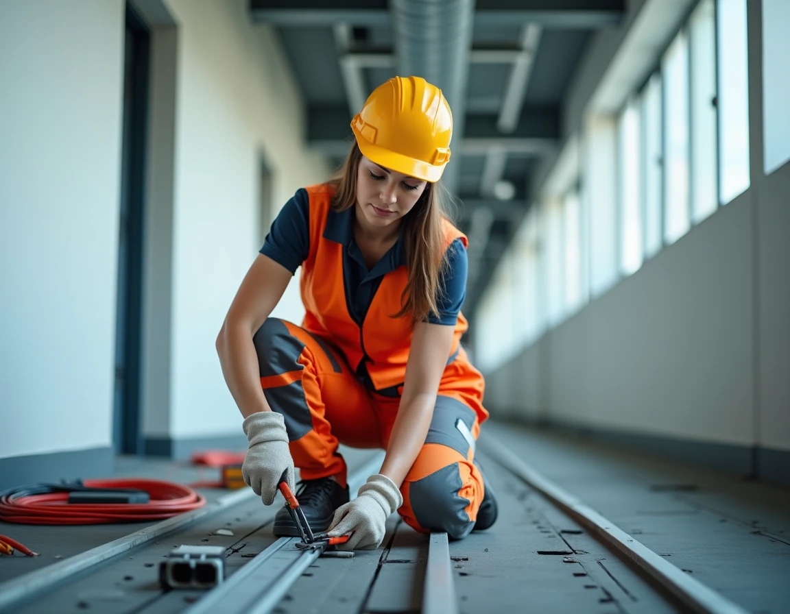 Électricienne qualifiée N4P2 réalisant le raccordement de chemins de câbles dans un couloir de bâtiment tertiaire