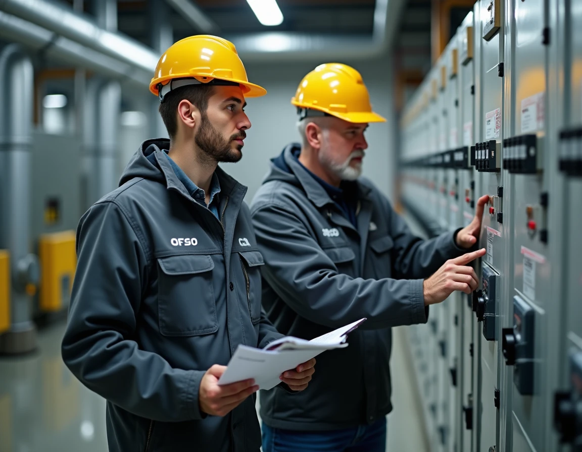 Deux électriciens de niveaux différents discutant devant un local électrique terminé dans le cadre d'une qualification N4P2 bâtiment