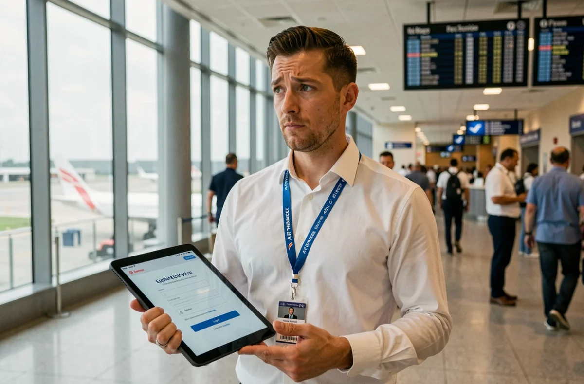 Employé Air France débutant accédant au portail intralignes sur tablette dans un terminal d'aéroport