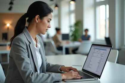 Employée consultant son bulletin de paie électronique sur un ordinateur portable dans un bureau moderne